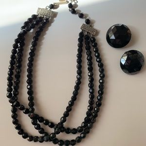 Vintage black beaded choker necklace and matching clip on earrings